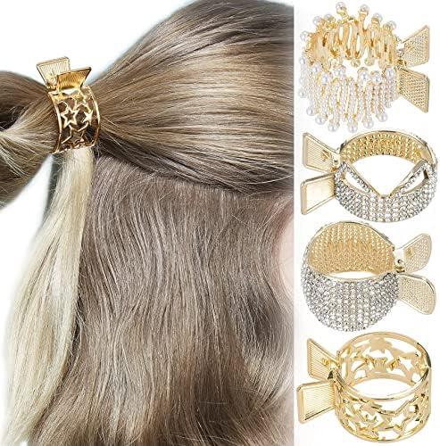 HINZIC 4 Styles Non-Slip High Ponytail Hair Clips Rhinestone Styling Claws Buns Holder Large Glittering Crystal Banana Pins Accessories for Women Girls Thick Long Hair, Set of 2