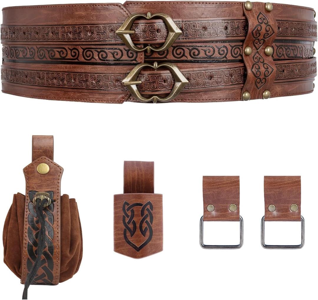 Medieval Viking Wide Belt - Renaissance Faux Leather Pirate Belt Pouch for Men & Women LARP, Halloween, Cosplay Party (Brown-hwtz)