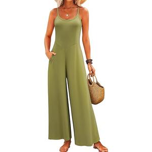 Jumpsuits for Women 2025 Summer Sleeveless Casual Loose Wide Leg Long Pant Rompers One Piece Beach Vacation Outfits Green M