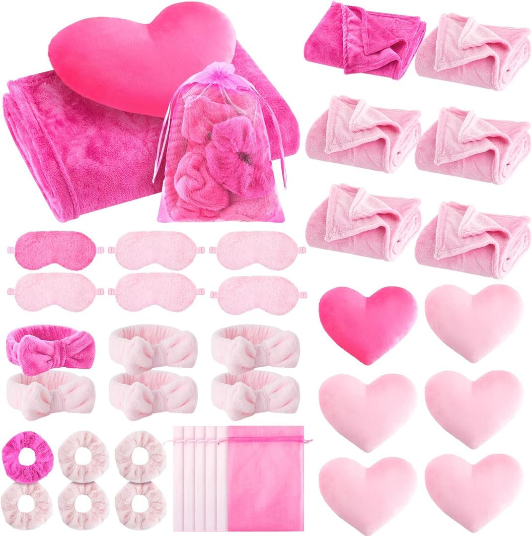 Fanfanwin 36 Pcs Sleepover Party Supplies for Girl Spa Slumber Birthday Favors Throw Blanket Pillow Eye Mask Headband Scrunchies (Solid Color,30 Pink,6 Hot Pink)