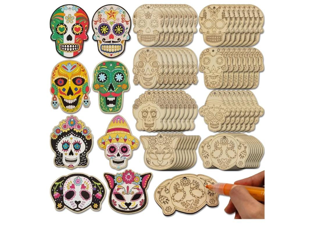 64 Sets Day of The Dead Skull Crafts Unfinished Wooden Sugar Skull Ornaments Make Your Own Mexican Fiesta Blank Cutout Dia De Los Muertos Hanging Slices Tree Decorations