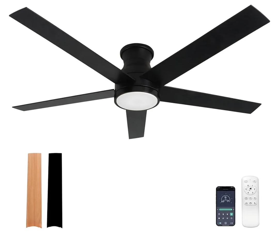 52 inch flush mount ceiling fan with light and Remote Control.5 Blade black ceiling fan flush mount,6 speed Quiet Reversible DC Motor,Low Profile Ceiling Fans for Living Room Bedroom