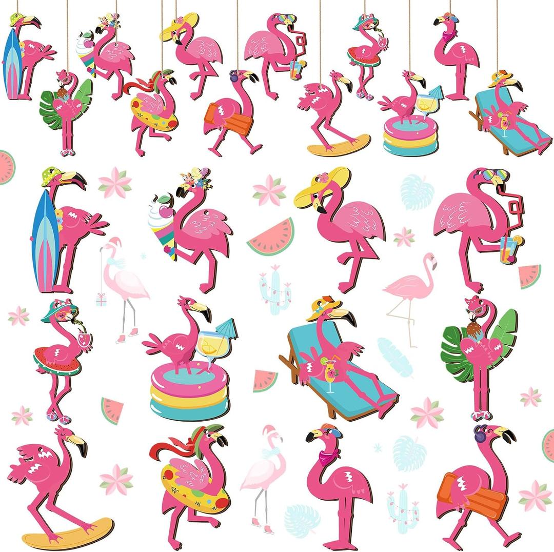 36 Pcs Flamingo Ornaments Tropical Palm Leaves Floral Flower Wooden Hanging Tree Ornament for Summer Hawaiian Beach Luau Aloha Birthday Bachelorette Wedding Bridal Shower Party Decorations