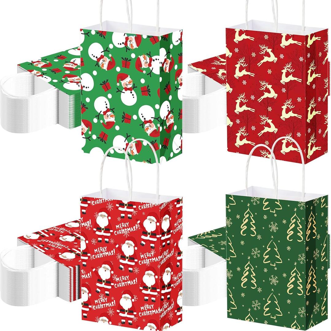 AmazingSpark 100 Pieces Christmas Gift Bags Bulk Xmas Treat Candy Goodie Bags with Santa Snowman Christmas Tree Elk Pattern for Xmas Party Favors Gift Wrapping