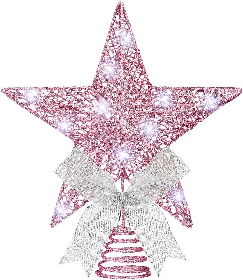Sumind 9.8 x 11.8 Inch Christmas Star Tree Topper Glittered Star Metal Plug in Treetop Ornaments with Bow and 30 LED String Light for Christmas Tree Indoor Holiday Party Decoration(Pink)