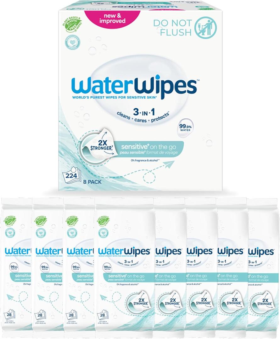 WaterWipes Sensitive+ On The Go Wipes, 3-In-1 Cleans, Cares, Protects, 99.9% Water, Unscented & Hypoallergenic Wet Wipes, 224 Count (8 Packs)