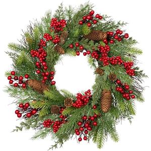 20 inch Christmas Wreath, Christmas Wreath for Front Door Christmas Door Wreaths with Red Berries Pine Cones Cedar Leaves Aritificial Wreath for Christmas Indoor Outdoor Decorations