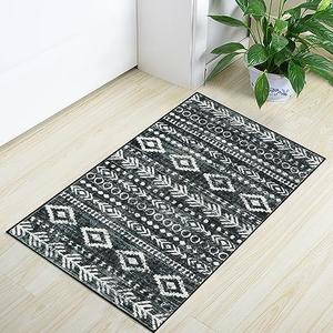 Kitchen Rugs Non Slip Washable Rugs for Entryway, Boho Black White 30*96 inchEntry Rug Ultra-Thin Moroccan Print Bathroom Mat with Rubber Backing, Farmhouse Small Rug for Indoor Entrance