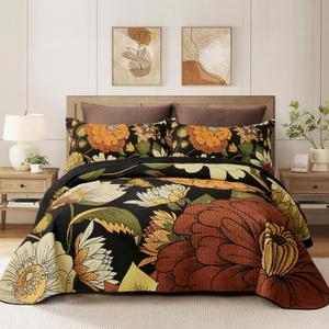 Tyrot 3 Piece Black Boho Floral Californial King Size Quilt Sets Reversible Farmhouse Lightweight Bedspread Coverlet with 2 Shams Mid Century Microfiber Bedding Quilts Set for All Season, 118''x106''