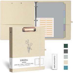 3 Ring Binder, 1 Inch Linen Binder Organizer for Letter Size (8.5" x 11") with 5 Tab Dividers, File Folder Labels and Low Profile Clipboards, School and Office Supplies- Tulip White
