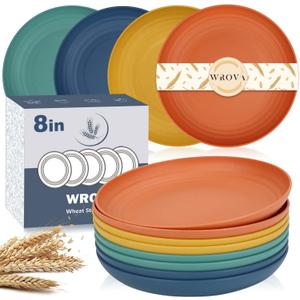 Wrova Wheat Straw Plates - 8 Inch Unbreakable Dinner Plates Set of 8 - Dishwasher & Microwave Safe Plastic Plates Reusable - Lightweight Plate for kitchen,R.V. (Colorful Series)