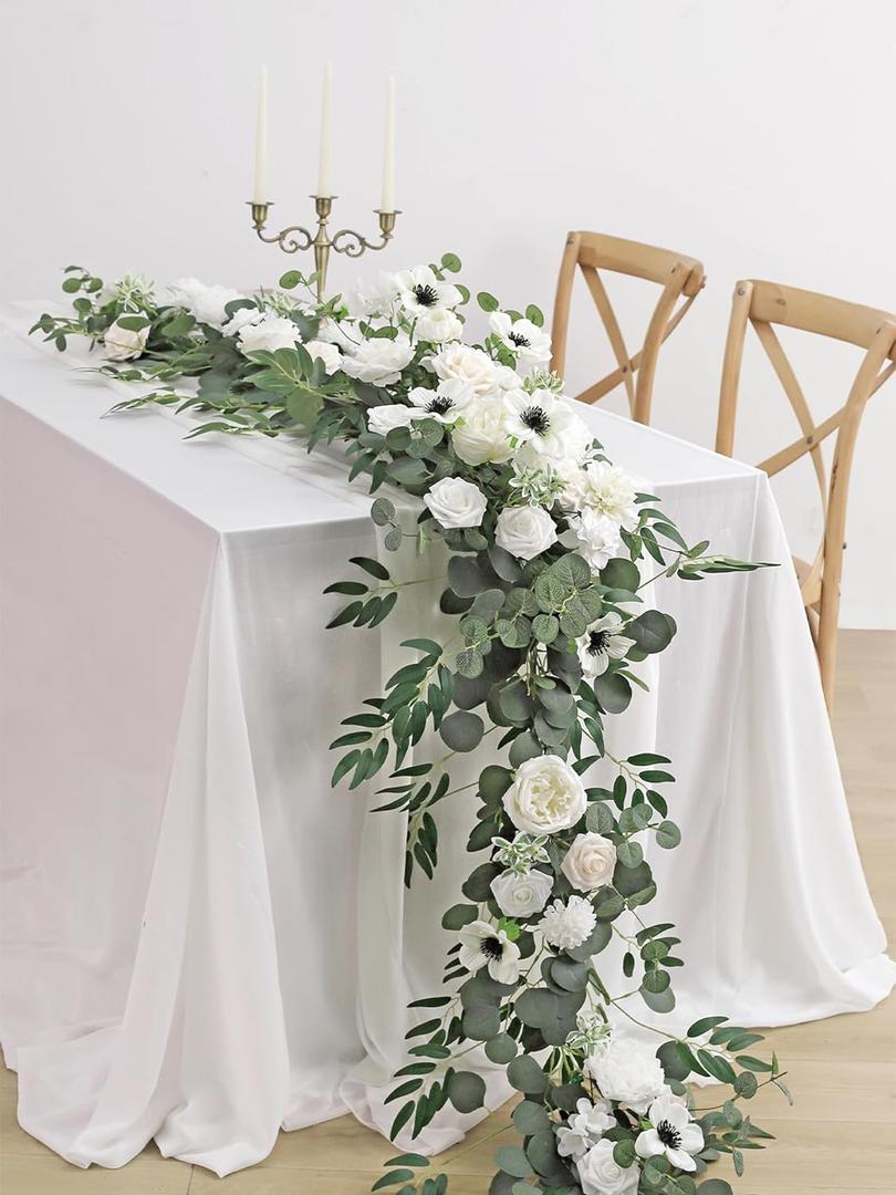 MISSPIN 8FT Eucalyptus and Willow Leaf Garland with Artificial Flowers Fake Flower Peony Rose Vine Greenery Decorative Wall Hanging Plant for Spring Wedding Arch Backdrop Door Arrangement Party Decor (White)