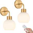 Battery Operated Wall Sconce Set of 2, Gold Wireless Wall Light with Milk White Glass Shade, 3CCT & RGB Rechargeable Magnetic LED Bulb with Remote Control for Bedroom Living Room Hallway Stairway