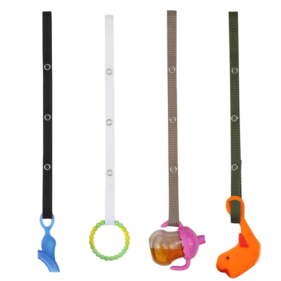 Baby Buddy Secure-A-Toy, Safety Strap Secures Toys, Teether, Pacifiers to Strollers, Highchairs, Car Seats, Adjustable Length, Keep Toys Sanitary, Registry Must Haves, White-Black-Tan-Olive, 4 Count