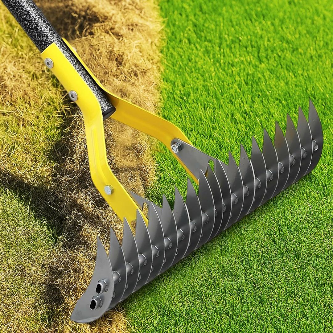 Dual-Action Thatch Rake for Lawn  Efficient 15" Thatching Rake with Sharp Dethatching Blade,Manual Dethatcher & Scarifier Tool for Dead Grass Removal,Soil Loosening,Garden Yard Lawn Care,55" Long