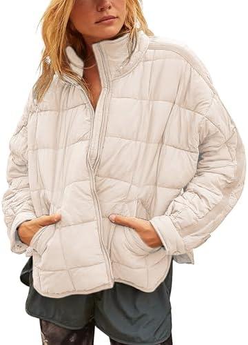 Watashi Women Quilted Puffer Jacket Lightweight Down Coat Long Sleeve Full Zipper Oversized Packable Short Puffer Jackets L