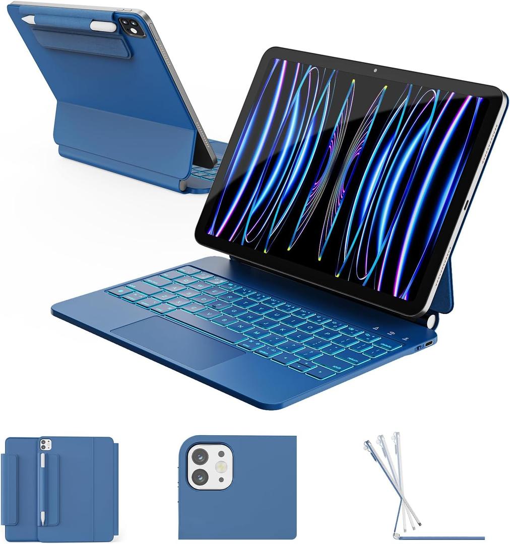 RAYMCRAFT for iPad Air 11 inch Case with Keyboard (M4/M3/M2, 2026/2025/2024), iPad Pro 11 (4th/3rd/2nd/1st Gen) & Air 5/4th Magic Keyboard Case, 11 Colors Backlit, Multi-Touch Trackpad, Steel Blue