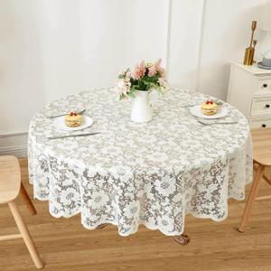 WUBODTI Cream Round Lace Tablecloth 60 Inches, Vintage Embroidered Floral Crochet Table Cover Christmas Decor Circle Overlay for Kitchen Coffee Wedding Dining Table