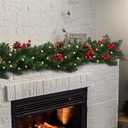 Pre-lit 9ft Christmas Garland with Red Berries and Pine Cones and 50 Battery Operated Soft White LED Lights with Timer, Artificial Holiday Decoration Door Outdoor (Red)