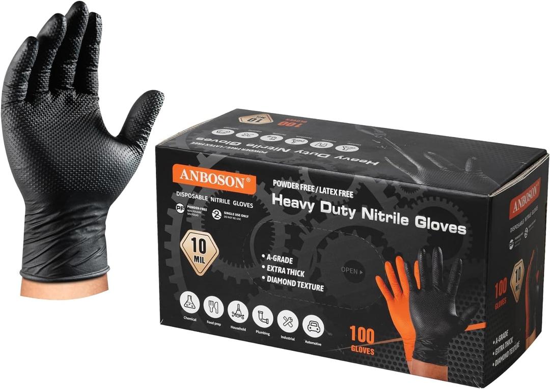 10 Mil Nitrile Disposable Gloves Heavy Duty Mechanic Gloves Raised Diamond Texture Thick (Black of 100, Large)