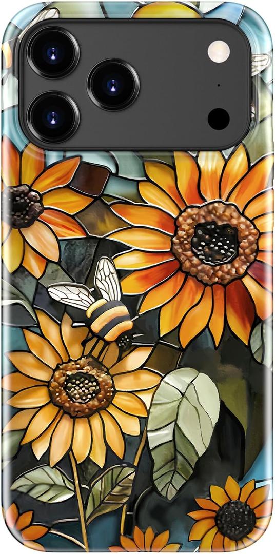 for iPhone 17 Pro Max Case - Wireless Charging Compatible - Dual-Layer Hard Shell + Silicone Cover - Shockproof Protective Phone Case with Stylish Designs for Women - Retro Sunflowers