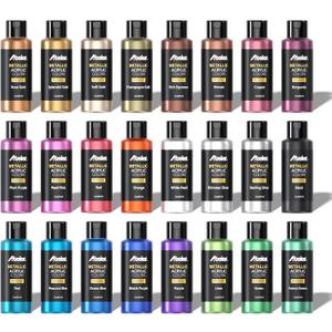 ABEIER Metallic Acrylic Paint, Set of 24 Metallic Colors in 2oz/60ml Bottle, Rich Pigments, Non Fading, Non Toxic Paints for Artist, Beginners & Kids Painting on Rocks Crafts Canvas Wood, Fabric&Stone