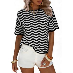EXLURA Women's Summer Striped Crochet Tops Short Sleeve Knit Boho Top Hollow Out Beach Sweater Lightweight Vacation Shirts (Black White)