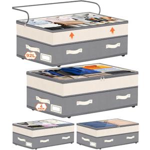 Dolicer 4 Pack Under Bed Storage with Wheels, 6in-10in Height Adjustable Underbed Storage Containers, 92L XXXL Under Bed Drawers Rolling Bin with Clear Lids for Dorm Shoes Clothes Organizers(Grey)