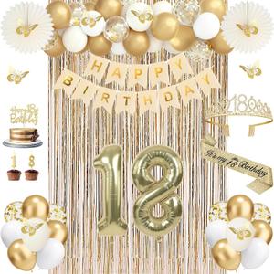 18th Birthday Decorations for Girls, Champagne Gold 18th Birthday Party Decorations, 18 Sash and Crown, Banner, Fringe Curtains, Hanging Paper Fans, Happy 18 Year Old Gifts for Girls