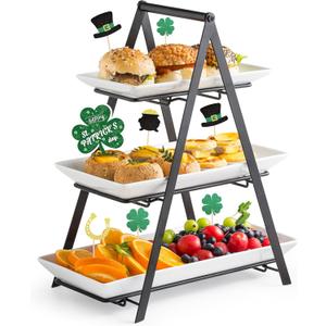 YHOSSEUN 3 Tier Serving Tray Tiered Tray Stand, Ceramic Serving Platters and Trays with Metal Rack, 10+12+14 Inch Large Serving Trays for Party 3 Tier Serving Stand Dessert Display Set, Black