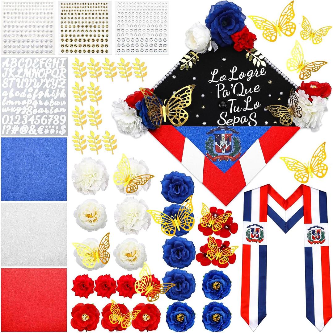 62 Pcs DIY Dominican Graduation Cap Decorations Kit Dominican Graduation Stole Sash Flower Heads 3D Butterfly Glitter Rhinestones Pearl Stickers Alphabet Letter Number for 2026 Grad Party