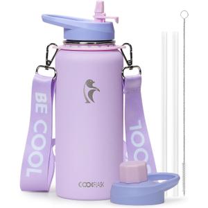 Coolflask Water Bottle with Straw, 32 oz Insulated Metal Water Flask with Straw & Spout Lids, Stainless Steel Double Wall Vacuum, Keep Cold 48h Hot 24h, Leak Proof & Non-BPA, Lavender