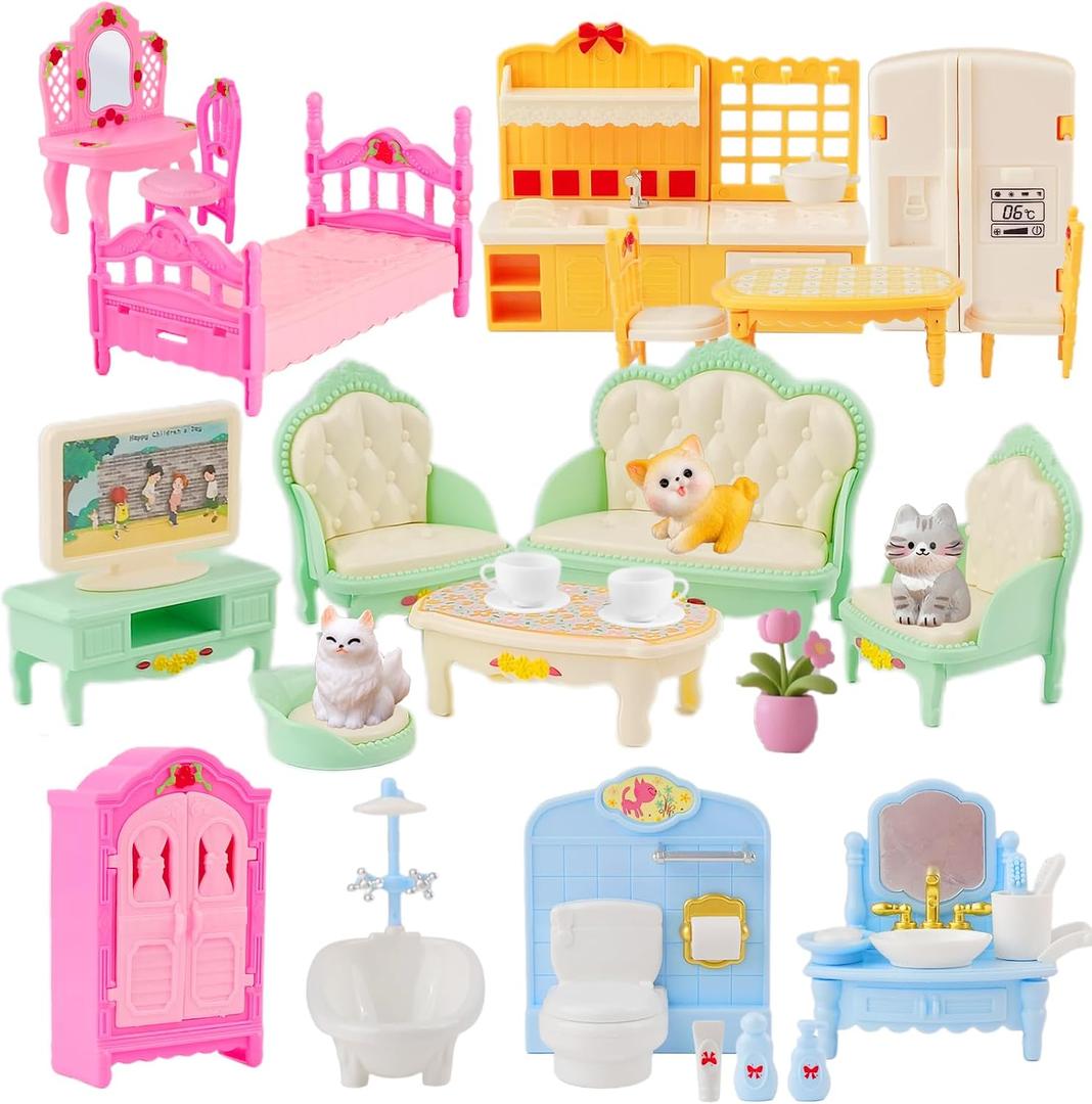 46Pcs Dollhouse Furniture Accessories Set Mini House Furniture Small Dollhouse Miniature Furniture Pretend Play House 1:12 Kitchen Bedroom Livingroom Bathroom Tiny Toy Boy Girl Kid Toddler (C Set)