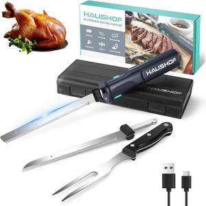 HAUSHOF Cordless Electric Knife Set for Meat Slicing, 8V Electric Carving Knife for Fish, Bread, Turkey, Rechargeable Meat Cutter with Reciprocating Stainless Steel Blades, Safety Lock & Storage Case (Gray)