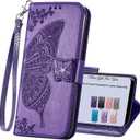 HAOTP for Samsung Galaxy A15 5G Phone Case Wallet,Women Flip Folio Cover Credit Card Holders Emboss Butterfly Flower PU Leather Purse Wrist Strap Kickstand Case for Samsung Galaxy A15 5G Purple