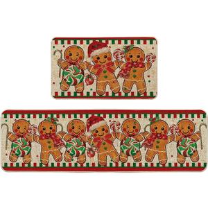 Artoid Mode Gingerbread Candy Cane Christmas Kitchen Mats Set of 2, Winter Home Decor Low-Profile Kitchen Rugs for Floor - 17x29 and 17x59 Inch