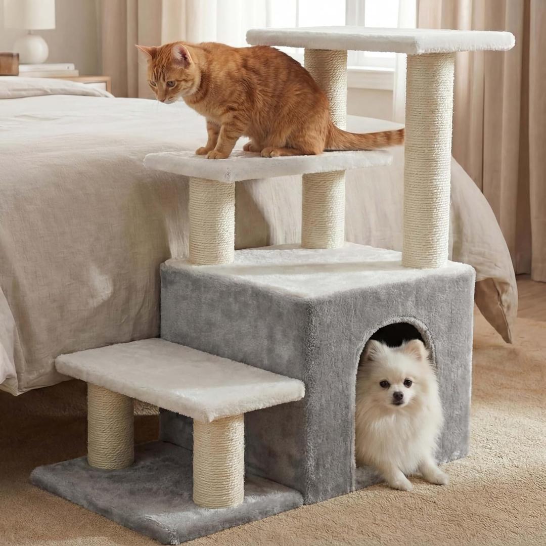 Heybly Pet Stairs for Cats, 29.5 inch High Dog Steps for Small Doggie Rabbits, 9.8''Depth Cat Stairs, Indoor Cat Ladders for High Bed for Pet's Joints, 1 Condo Cave, 6 Sisal Scratcher HSP002SWWH (Light Gray)