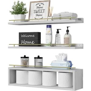 WOPITUES Floating Shelves for Wall 24 inch with Cube Shelf, Wall Shelves with Metal Rail for Decor, Bathroom Organizers and Storage, Over Toilet Shelves for Bathroom, Toilet Paper-White&Gold