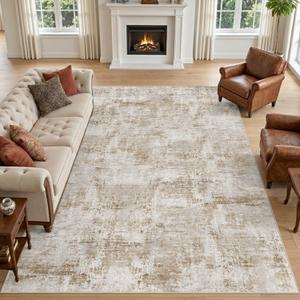 DEXI 9x12 Area Rugs for Living Room, Washable Indoor Rug for Bedroom, Khaki | Modern Abstract Decor, Non Slip, Stain Resistant, Low Pile Soft Thin Large Carpet for Dining Room, Playroom, Office, Nursery