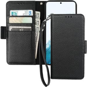 Bocasal Wallet Case for Galaxy S22 5G, Genuine Leather Support Wireless Charging RFID Blocking Flip Case Card Slots Holder, Kickstand Book Folding Folio Cover with Wrist Strap 6.1 Inch (Black)