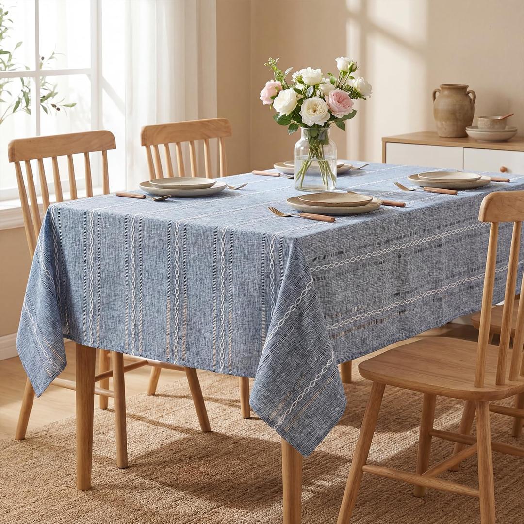 Horaldaily Blue Cotton Blend Tablecloth 52×70 Inch Rectangular, Farmhouse Style, Wrinkle Resistant Washable Table Cloth, Hemstitched Embroidery Table Cover for Home