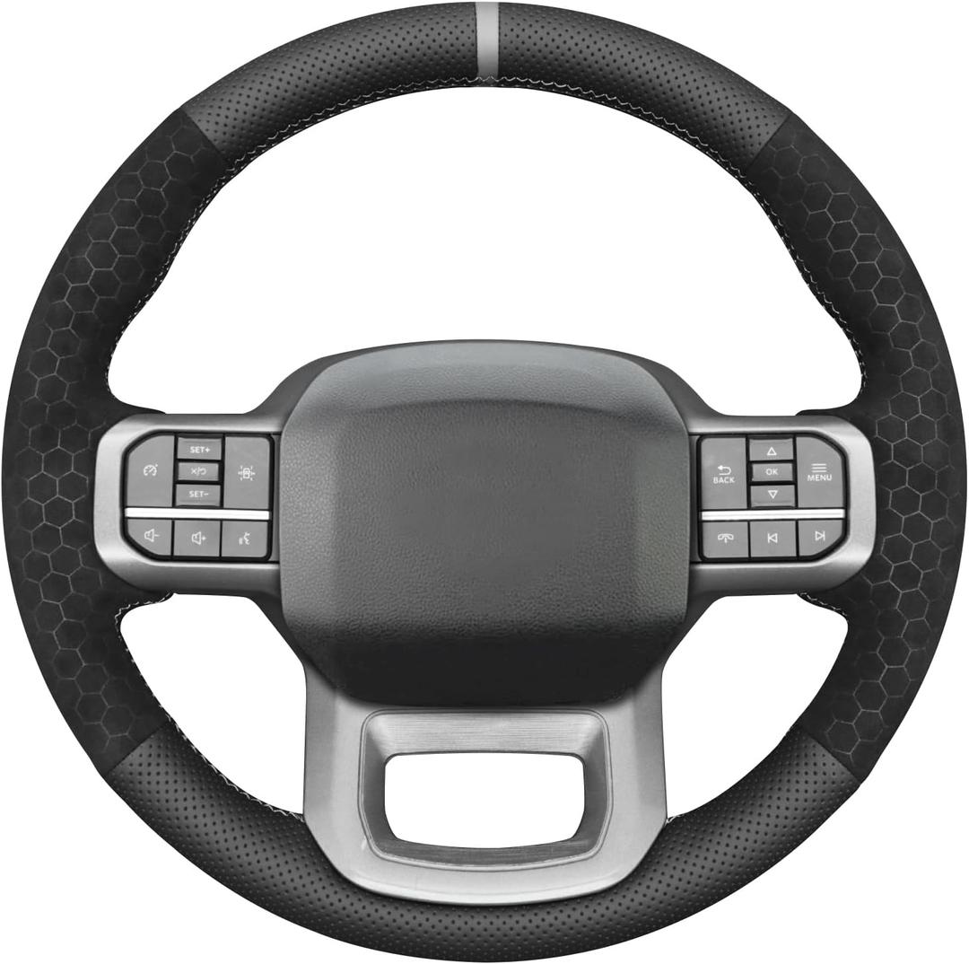 MEWANT Steering Wheel Cover for Ford F-150 F150/ F-150 (Lightning) / F-350 F350 / F-450 F450 / Expedition Hand-Stitched Steering Wheel Wrap (Genuine leather & hive suede + grey)