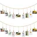 Wall Hanging Photo Display with Wooden Beads Garland 4 Feet Boho Collage Picture Frame DIY Picture Photo Frame Set with 9 Wood Clips for Rustic Country Home, Office Nursery Room Decoration(2 Pieces)