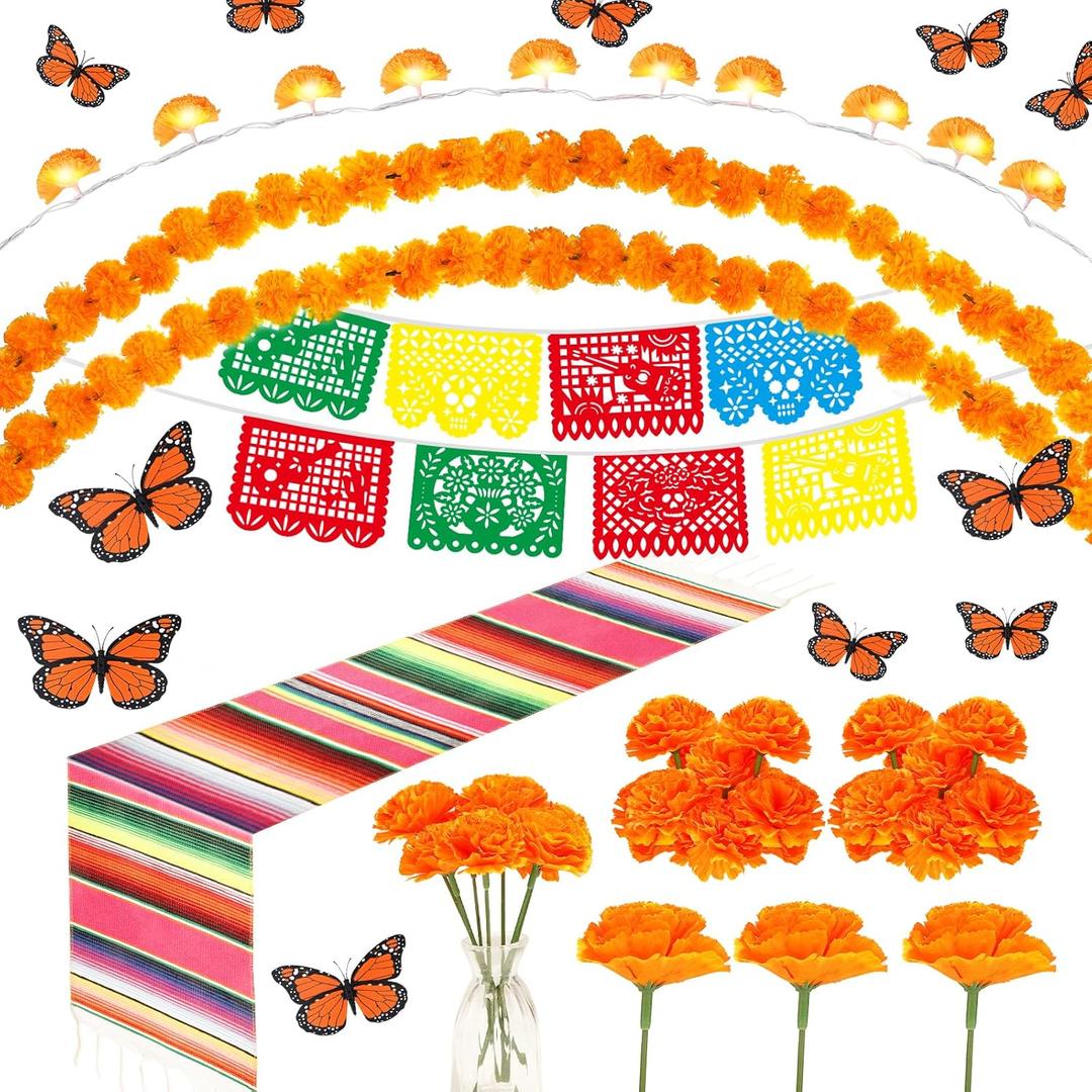Marigold Garland Dia De Los Muertos Flowers Decorations Plastic Garlands Diwali Decor Marigolds for Dia De Los Muertos Decor Indian Festival Traditional Backdrop Parties, 1.5 Meters