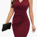 IHOT 2025 Women's Sexy V Neck Sleeveless Faux Wrap Ruched Sheath Bodycon Cocktail Party Work Dress, M