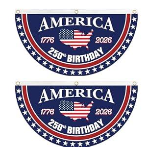 WENWELL 250 year anniversary Birthday Bunting Flag, Patriotic USA Anniversary Fan Banner 1776-2026, 2x4 FT, Navy Blue Red White, with Brass Grommets, 2 Pack