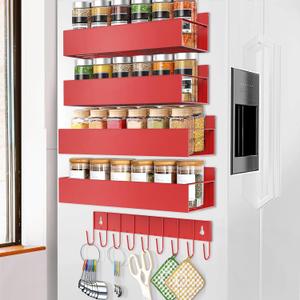 SMRCAD Magnetic Spice Rack Organizer for Fridge Seasoning Organizer for Kitchen storage with Screw Magnetic Shelf with Hook for Refrigerator and Oven (4pack1hook-Red)