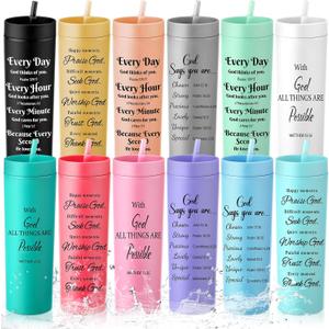 Yaomiao 12 Pcs Christian Tumbler Teacher Appreciation Gift Bulk, Bible Verse Skinny Tumbler Religious Acrylic 16 oz Mug with Lid and Straw Christian Gift for Mother's Day Men Women Employee Church, 2.5 X 7.7 Inches , 10.2 Inches