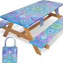 Picnic Table Cover with Bench Covers Fitted Waterproof Camping Tablecloth with Elastic for 6 Foot Rectangle Tables Outdoor Travel Rv Essentials Summer Vacation Accessories Gifts for Men Women
