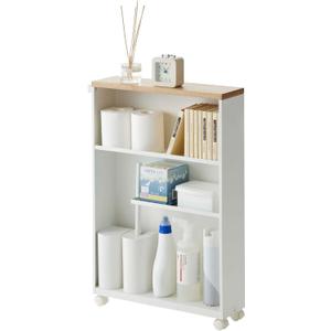 YAMAZAKI Home Slim Rolling Storage Cart Narrow Bathroom Storage Cabinet with Handle, Slim Bathroom Storage Cart with Wheels, Easy Assembly, Steel + Wood, White, 27" - Steel -, One Size